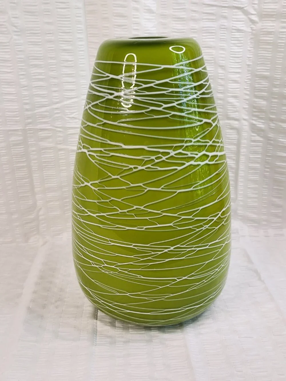 Hand Blown Cased Green White Swirl Art Glass Large Vase 13”